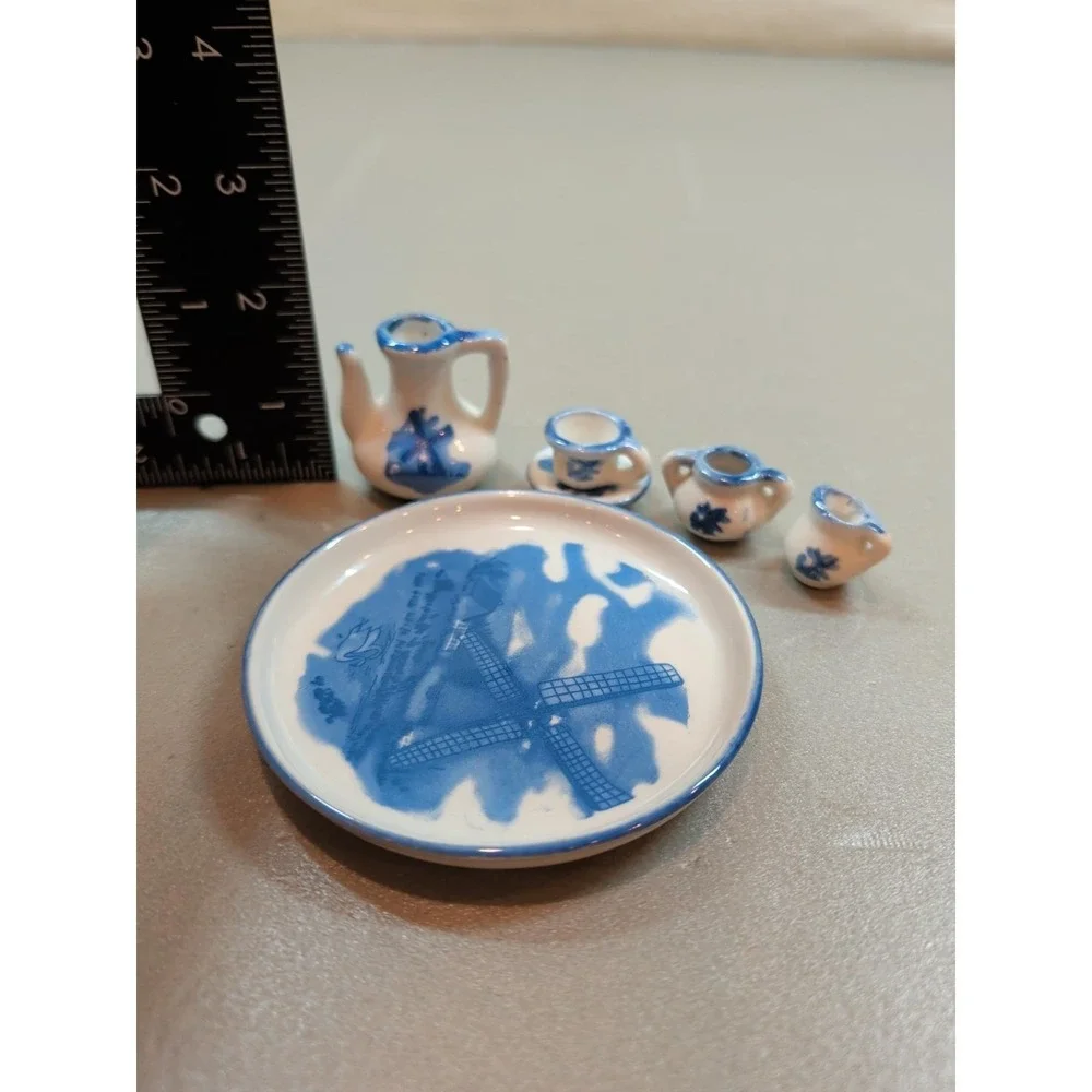 Vintage Miniature Windmill Tea Set 6 Piece Porcelain Dollhouse Nobel Hall Blue